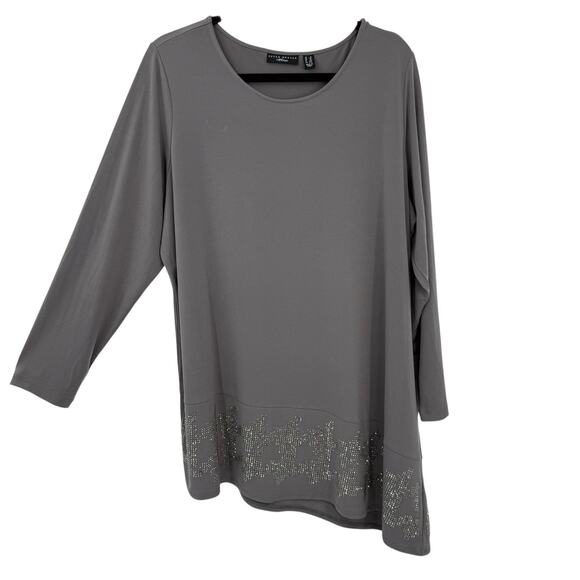 Susan Graver 1X Slinky Knit Tunic Gray Studded Rhinestone Hem Long Sleeve Artsy - Picture 1 of 7